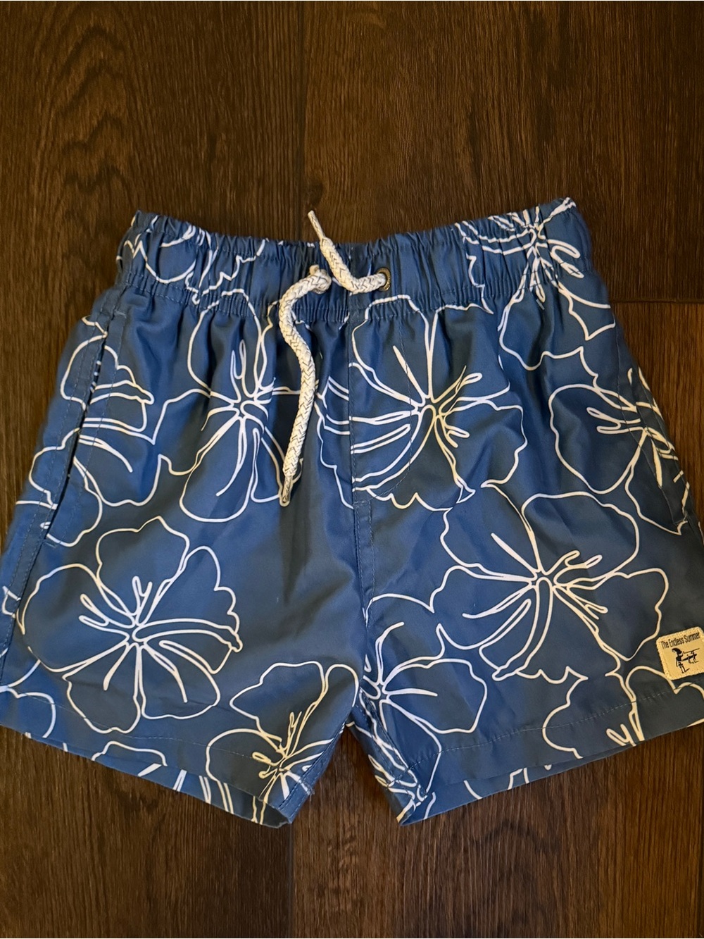 Kids Blue Floral Swim Trunks with Drawstring Sz 7